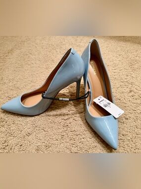 Express Powder Blue Patent Pointed-Toe Stiletto Pumps